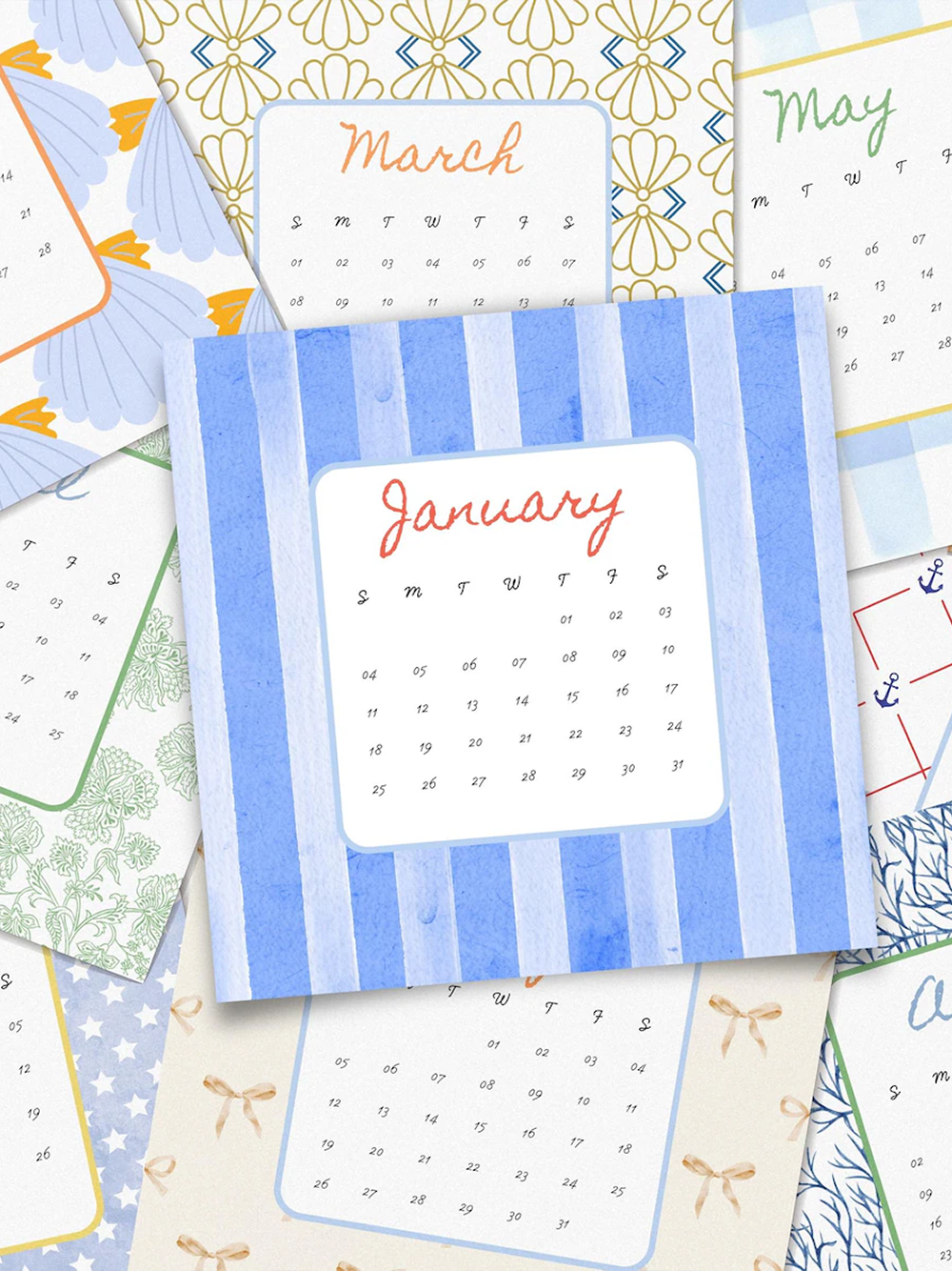 2026 Mini Calendar | Seaside Themed | Square Monthly Desk Calendar Set