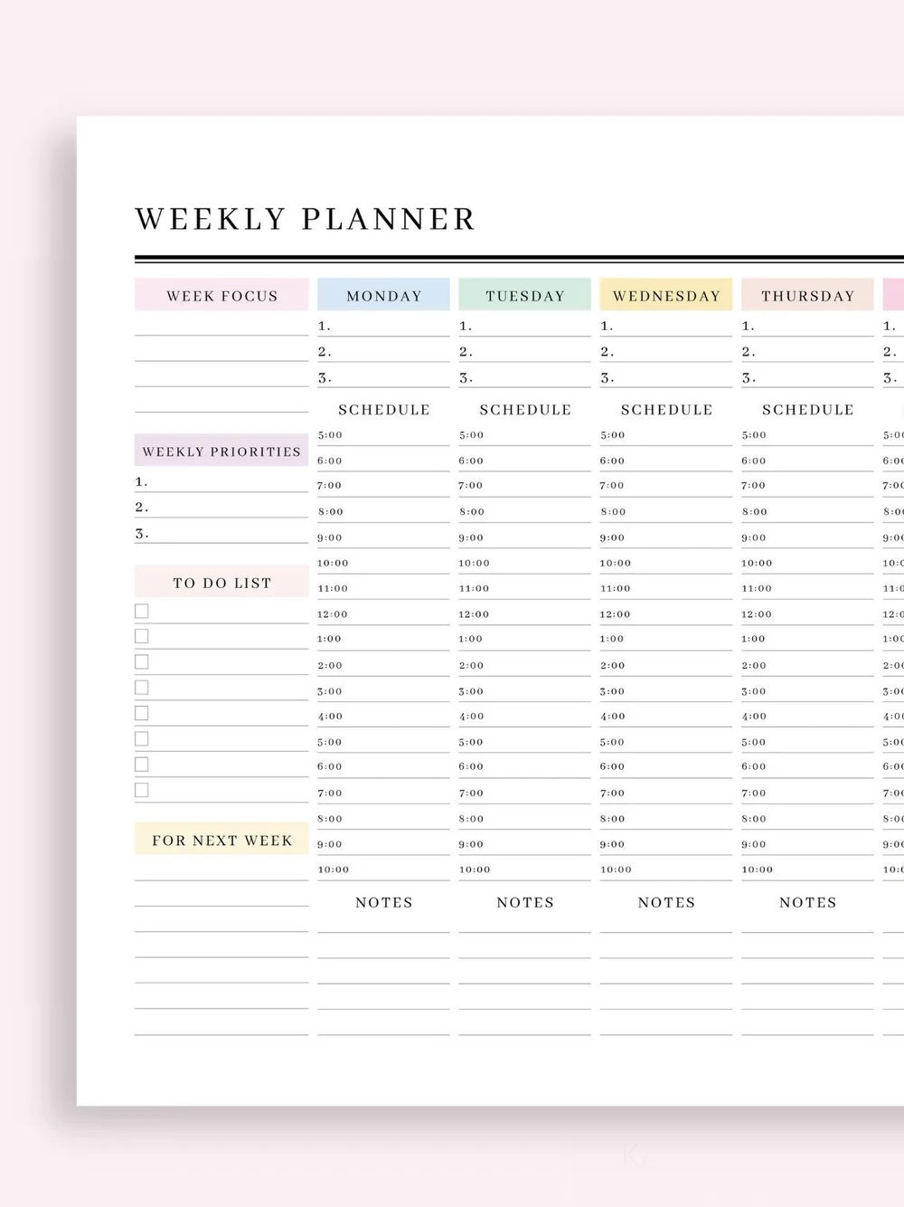 Weekly Hourly Planner EDITABLE Weekly Schedule